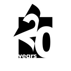 Isolated abstract logo 20 years. In the form of an open book, magazine. Happy greeting card for the 20th birthday. Black color writing on white background.