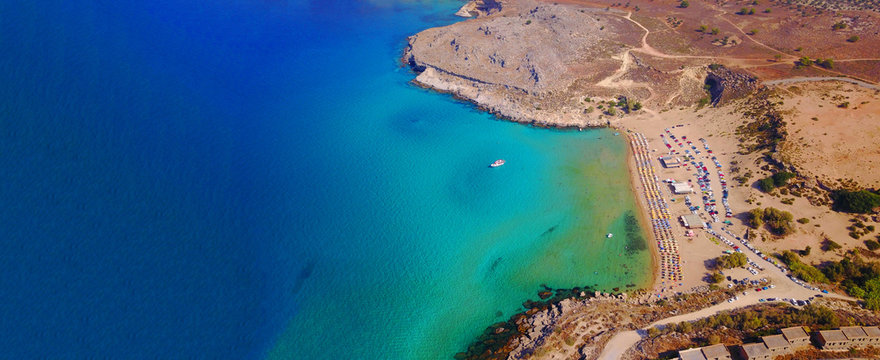 Aerial drone ultra wide photo of famous beach of Haraki in Rodos island, Dodecanese, Greece