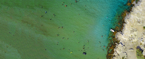 Aerial drone ultra wide photo of famous beach of Haraki in Rodos island, Dodecanese, Greece