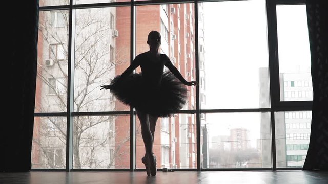 Silhouette. Ballerina in a black tutu dancing on the background of the city. Beautiful ballet in a Pointe shoes. The image of the Swan. Slow motion