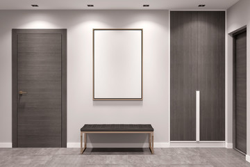 Empty gray hallway with closed doors, a dark wooden wardrobe, a bench and a blank mock up poster on the wall. Front view. 3d illustration