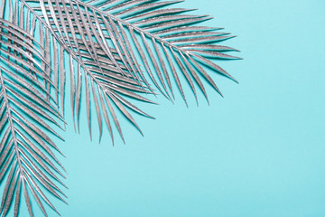 Border frame made of silver Tropical palm leaves on a blue pastel background
