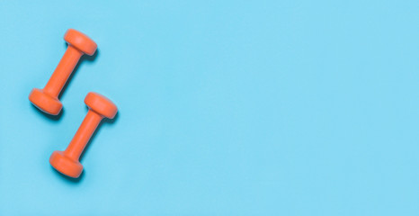 Orangedumbbells isolated on blue background
