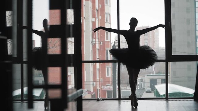 Silhouette. Ballerina in a black tutu dancing on the background of the city. Beautiful ballet in a Pointe shoes. The image of the Swan. Slow motion