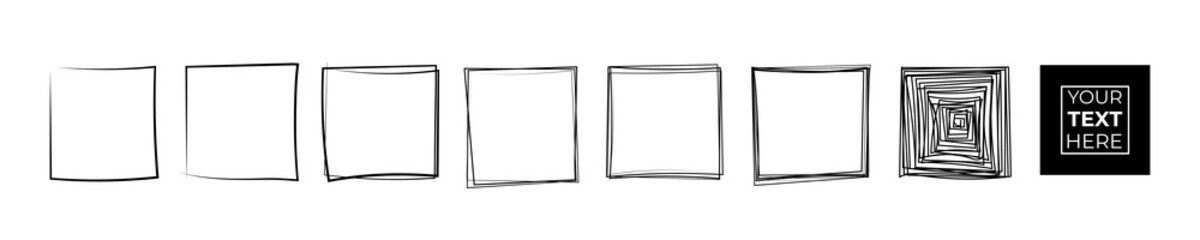 Fototapeta Set of hand drawn pen and pencil black square. Quadrate frame sketch on white background. Continuous line art doodle vector illustration obraz