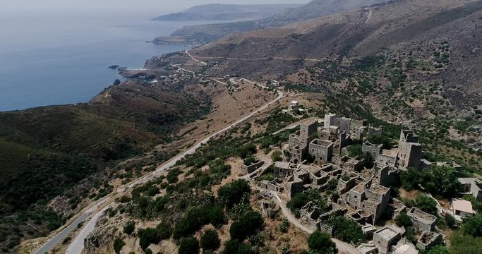 Aerial view the Vathia the impressive traditional village of Mani with the characteristic tower houses. Lakonia Peloponnese