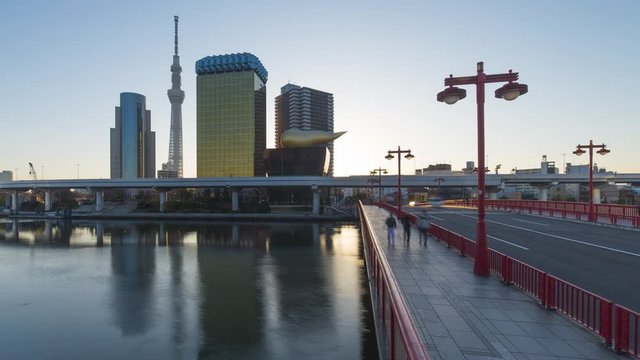 Japan, Tokyo, time lapse of the city skyline and Skytree on the Sumida River 