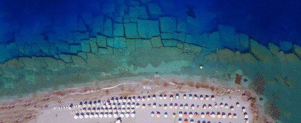 Aerial drone ultra wide top down photo of popular crowded Elli beach in main peninsula of Rodos...