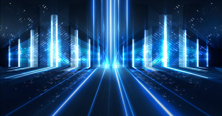 Dark empty abstract scene, rays of searchlights, neon blue light, highlights and lights. Night view of the scene, a tunnel with illumination. Dark background with spotlights.