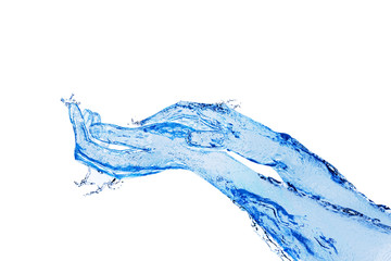 Touching hands made of liquid blue water on white