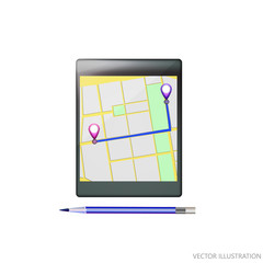 Mobile GPS navigation. Phone map application and points on screen. App search map navigation. Isolated online maps on screen tablet. Vector Illustration.