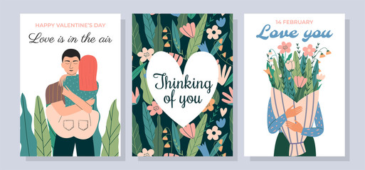 Set of cute romantic postcards. Hugging couple, seamless floral pattern with heart, woman with flowers. Concepts for Valentine's day. love story, romance, relationship. Flat vector illustration