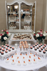 Meringue, candy pops and cupcakes on the sweet bar decorated with flowers in vases