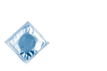 isolated condom packaging in classic blue on a white background