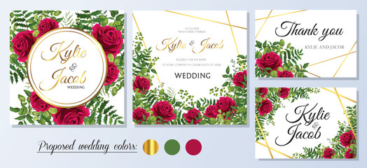 Wedding Invitation, thank you, rsvp card. Floral design with green and gold watercolor leaves, red rose decorative frame print. Vector elegants cute rustic greeting, invite.