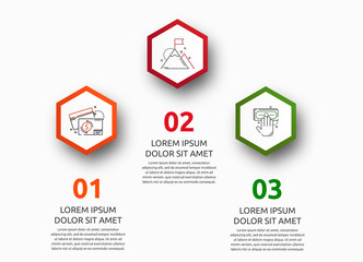 Vector infographic with 3 hexagons. Used for three diagrams, graph, flowchart, timeline, marketing, presentation. Creative business concept step by step