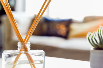 Reed diffuser to fragrance home interior on the coffee table of a light modern home living room