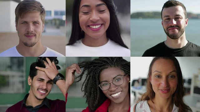 Collage of attractive diverse people. Multiscreen montage of cheerful multiethnic men and women posing and smiling at camera. Facial expression concept