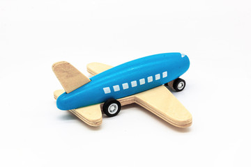 Blue Wooden Airplane Isolated on White Background. Perfect for a baby boy toy concept.