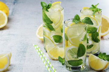 Lemon and mint refreshing cocktail with ice cubes