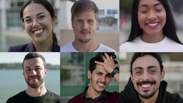 Collage of men and women smiling at camera. Multiscreen montage of cheerful diverse people posing and smiling at camera. Facial expression concept