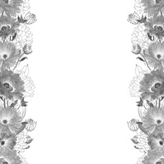 Floral frame of monochrome calendula and leaves on white background.Copy space.Hand drawn. For design cosmetic products, greeting cards, wedding invitations.Vector stock illustration