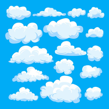 Set of different cartoon clouds isolated on blue sky. Weather symbolic graphics for illustration, web design, poster, site, app.