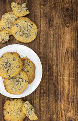Portion of fresh Chocolate Chip Cookies (selective focus; close-up shot)