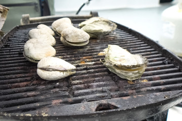 Fototapeta premium Grilled oysters on grill in the open air.