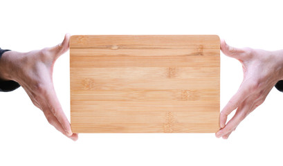 Hands holding a wooden board isolated on white background