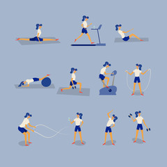 Fototapeta premium Women workout fitness, aerobic and exercises. Lunges and squats, plank and abc. Flat Vector Illustration