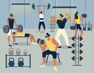 Fototapeta na wymiar Training in the gym with barbells and dumbbells, Men exercise with different barbell sets. Fitness and lifting weights. Healthy lifestyle. Flat Vector Illustration