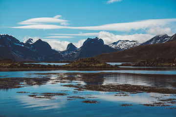 Norway mountains and landscapes on the islands Lofoten. Natural scandinavian landscape. Place for text or advertising