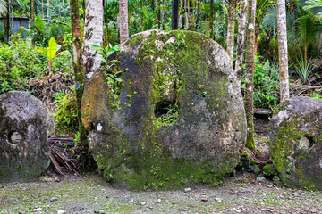 Three giant prehistoric megalithic stone coins or money Rai, under trees overgrown in jungle. Yap island, Federated States of Micronesia, Oceania, South Pacific Ocean