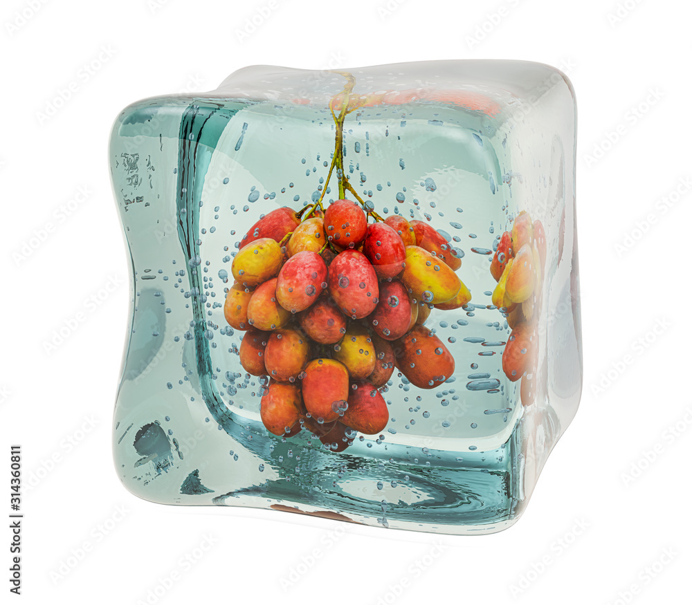 Poster grape frozen in ice cube, 3d rendering