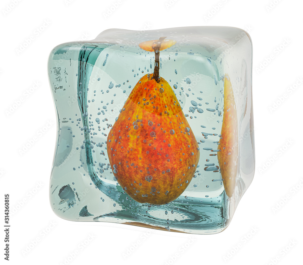 Poster pear frozen in ice cube, 3d rendering