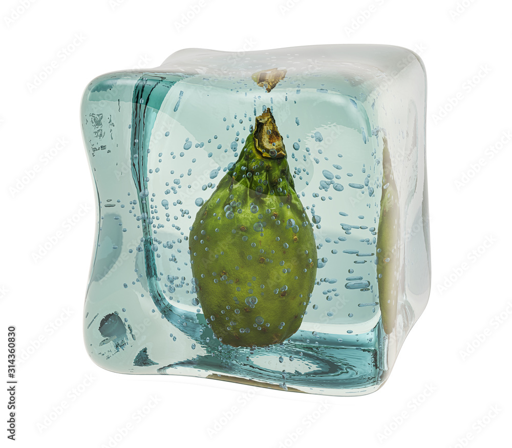 Poster cactus pear frozen in ice cube, 3d rendering