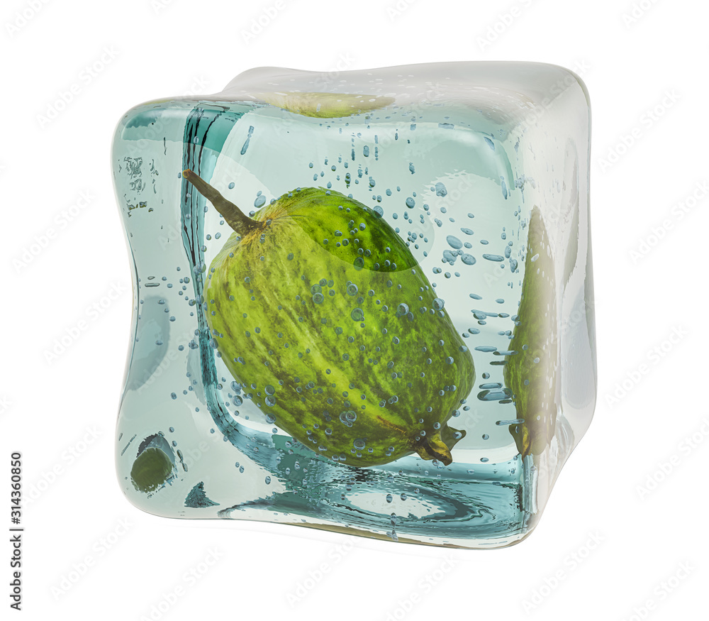 Poster feijoa frozen in ice cube, 3d rendering