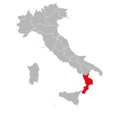 Calabria highlighted on italy map. Gray background. Italian political map.