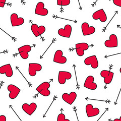Seamless pattern with valentine hearts and arrows on white background.