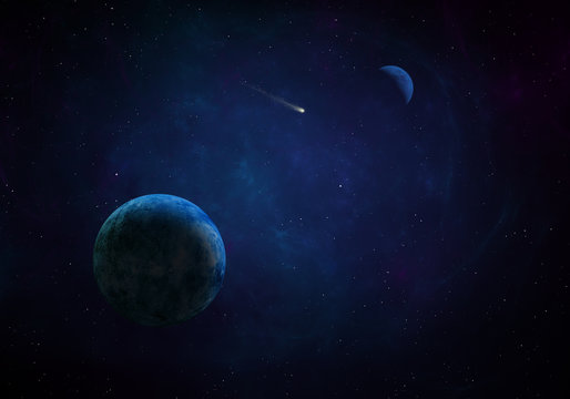 3d rendered Space Art: Alien Planet in outer space. Imaginary view of a blue planet in a star field © britaseifert