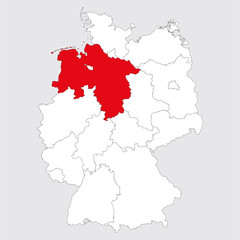 Lower saxony highlighted germany map. Gray background. German political map.