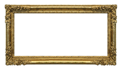Panoramic golden frame for paintings, mirrors or photo isolated on white background