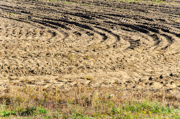 Field plowed, sown cereals. Plowed field in spring day. Black soil plowed field.