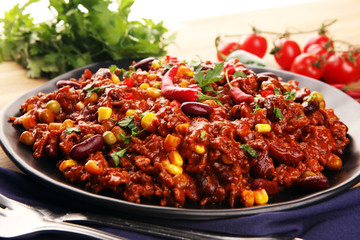 Hot chili con carne. mexican food tasty and spicy wit beans