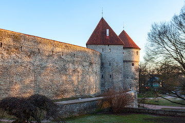 Fragment of the fortress wall with two tiled watchtowers
