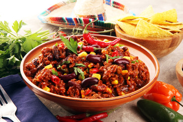 Hot chili con carne. mexican food tasty and spicy wit beans