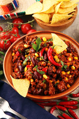 Hot chili con carne. mexican food tasty and spicy wit beans