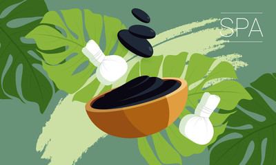 Spa set elements. Dead sea mud, black stones for massage, green tropical leafs on green background.