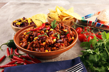 Hot chili con carne. mexican food tasty and spicy wit beans